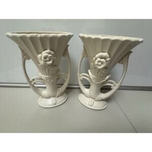 Vintage Vases Double Handles Ornate Floral Design Cream Made In Japan *Read*